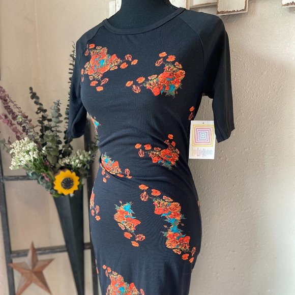 4/$20 LuLaRoe Julia Raglan Bodycon Dress Black with Florals XXS - Picture 1 of 8